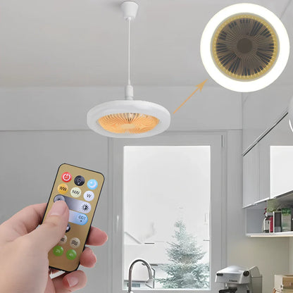 26cm round white ceiling fan with plastic blades and integrated LED light, remote control