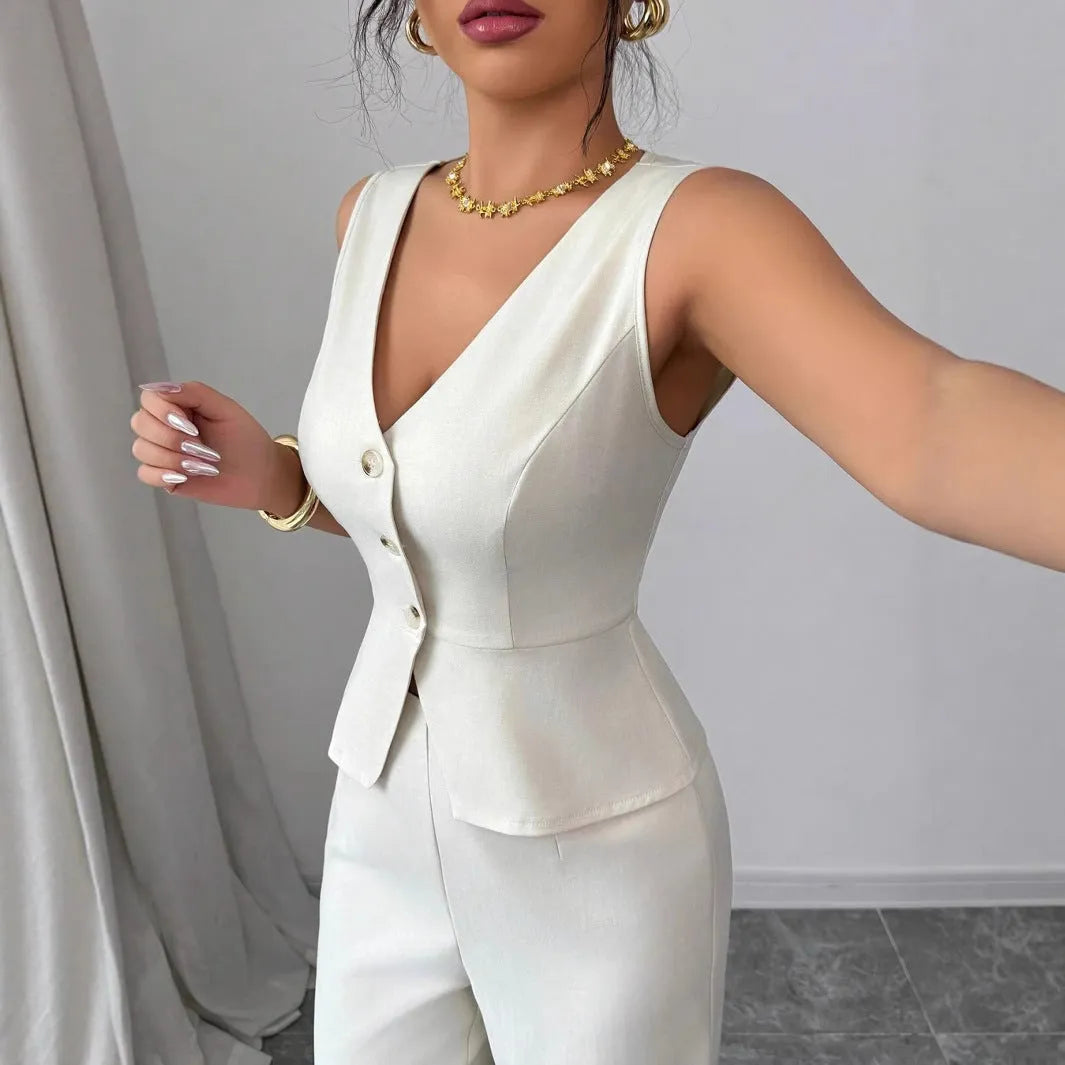 Women's sleeveless vest and high-waist trousers two-piece set in solid colour