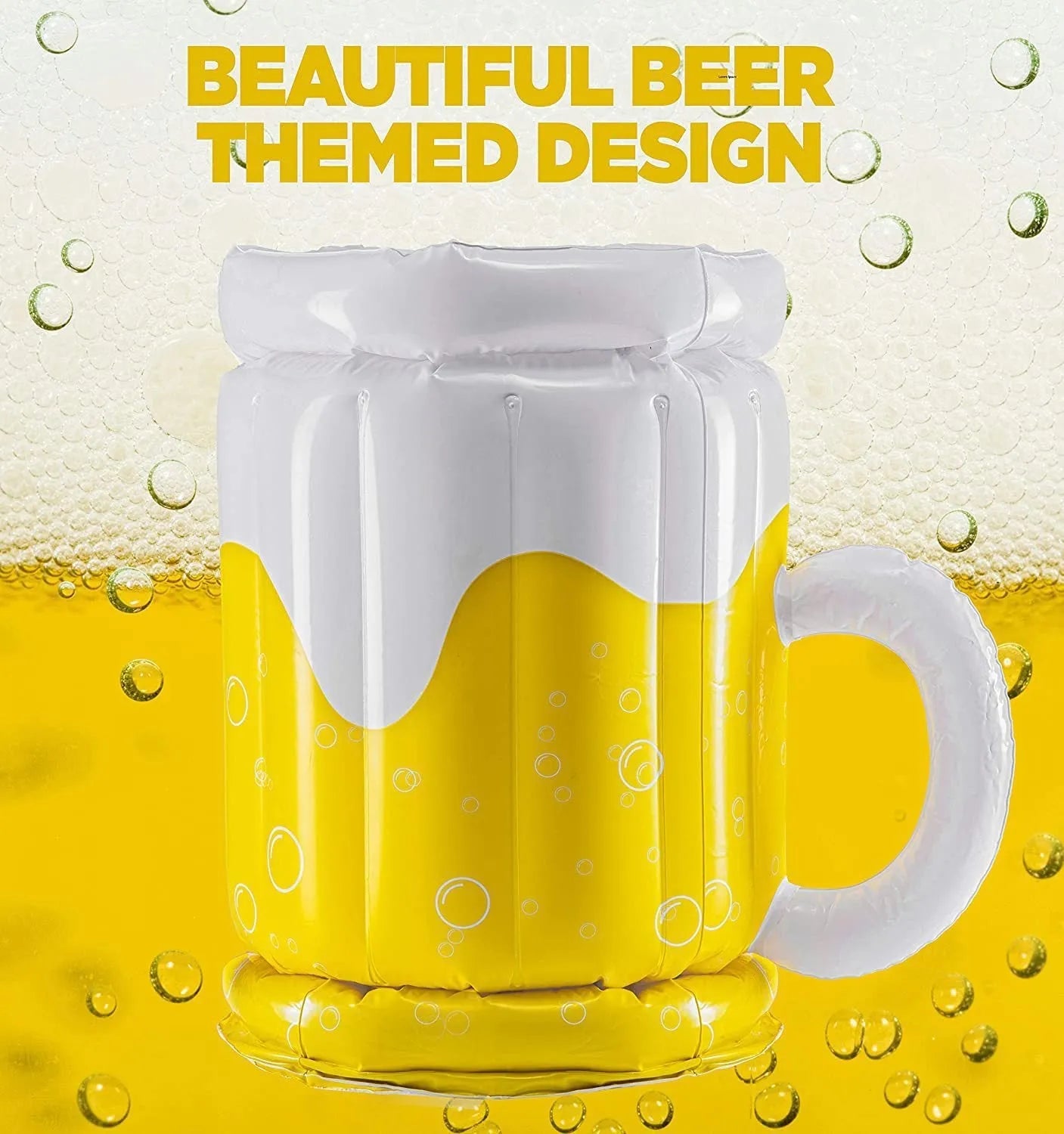 Large yellow inflatable beer mug shaped drink cooler floating in a swimming pool.