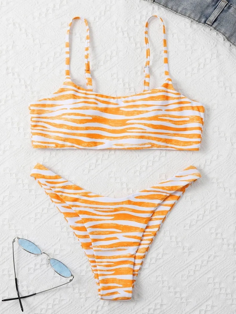 Ladies two piece bikini set with striped pattern in eight colours, sizes S to XL