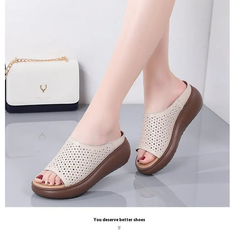Peep toe platform heel women's shoes with rocking bottom sole, PU upper, rubber sole, ethnic pattern.