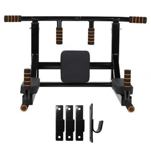 Black wall-mounted fitness station with sandbag rack and parallel bars measuring 77cm wide by 47cm high