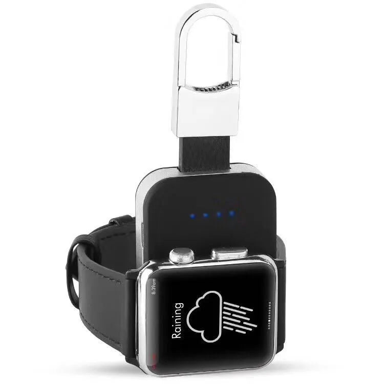 Black Apple Watch keychain charger showing 127mm length, 41mm width, with 1000mAh battery capacity