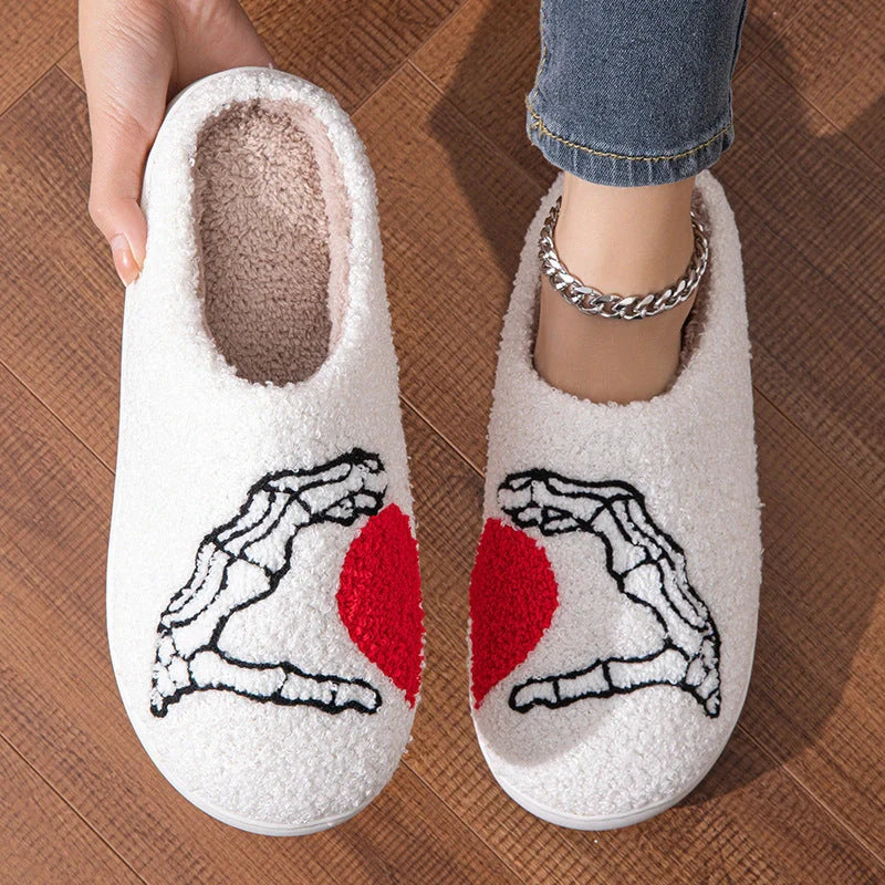 Halloween skull-hand non-slip slippers in white and black with suede uppers