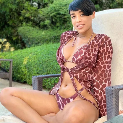 Women's spandex bikini swimwear in red, orange, and stone pattern