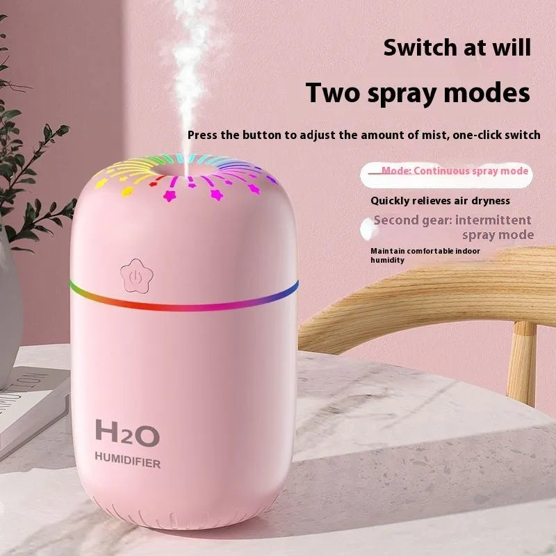 White USB mini humidifier with 300ml tank on desk beside laptop showing compact 75x75x116mm size