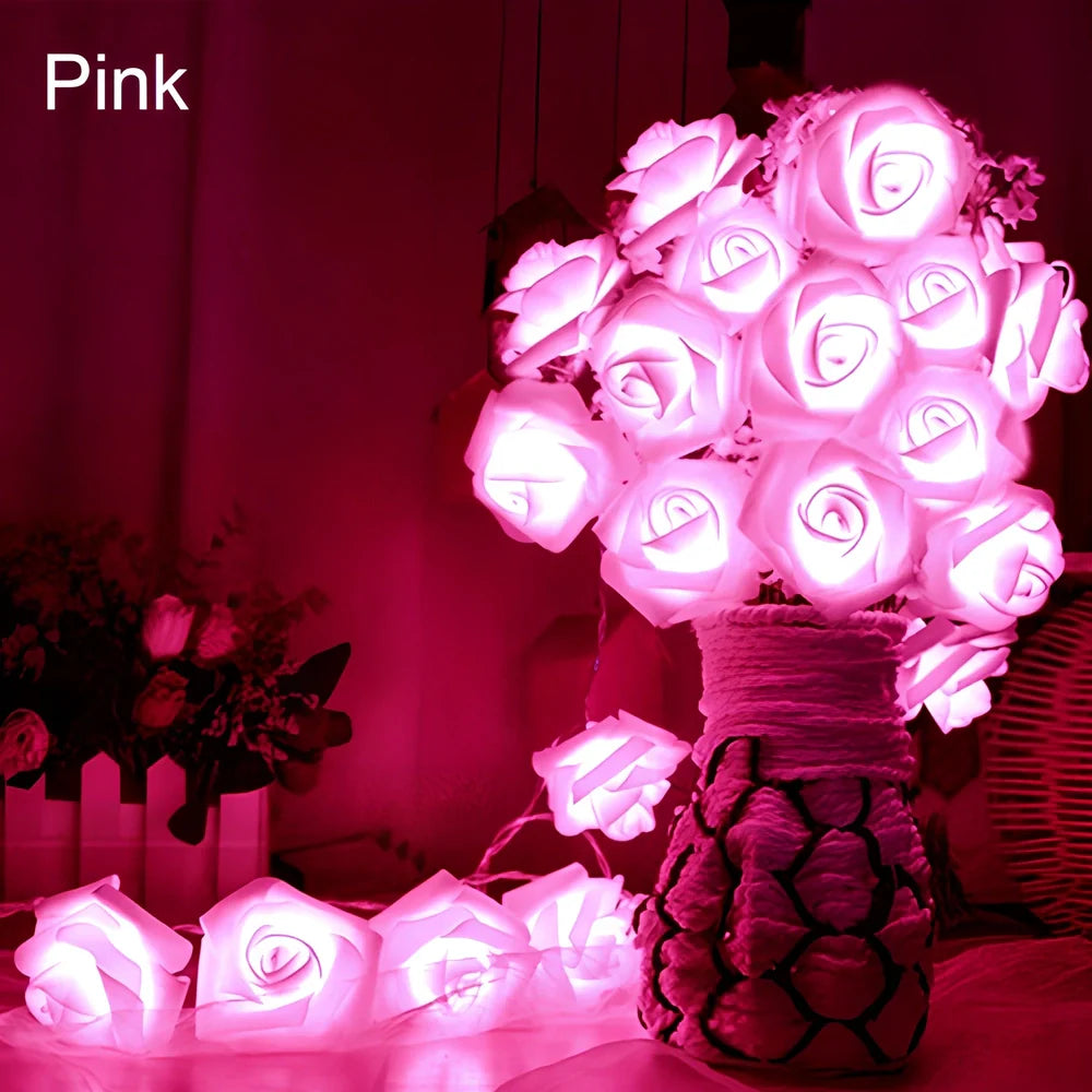 3-metre long battery-powered LED floral string lights with 20 white floral units on green plastic stems