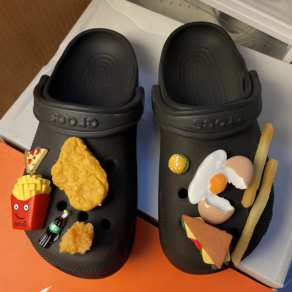 Six DIY plastic shoe buckles with fried chicken burger designs including double wheat chicken nuggets and double drumstick variations