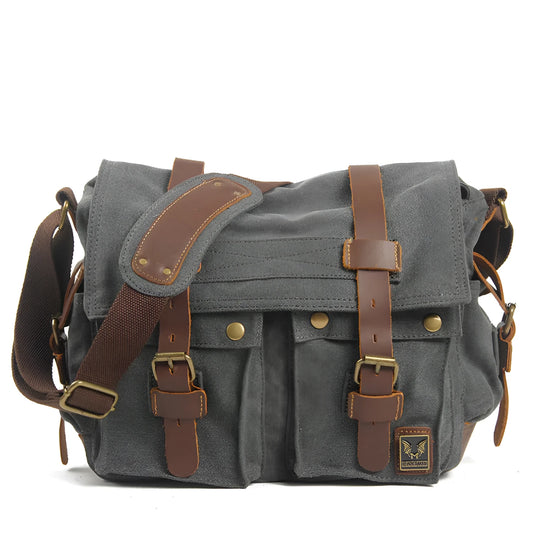 Men's retro crossbody canvas shoulder bag with cowhide trim in horizontal rectangular shape