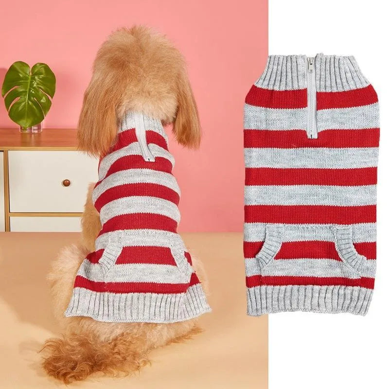 Grey dog sweater with horizontal zipper and button pocket on a small dog.