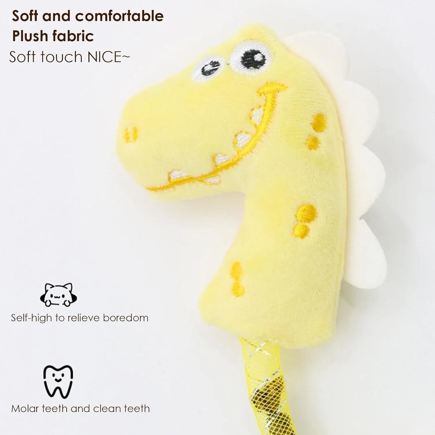 Set of four colourful plush cat toys: a fish, a mouse, a bunny, and a knotted rope, on a neutral background.