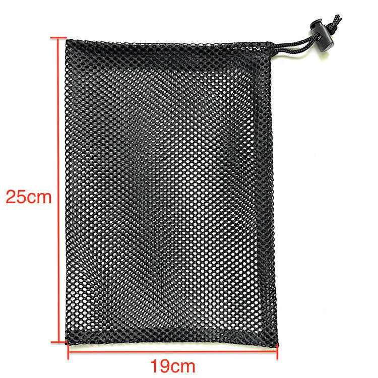 Black drawstring mesh bag for children's water balloons in three sizes with bottomless side design