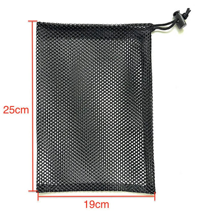 Black drawstring mesh bag for children's water balloons in three sizes with bottomless side design