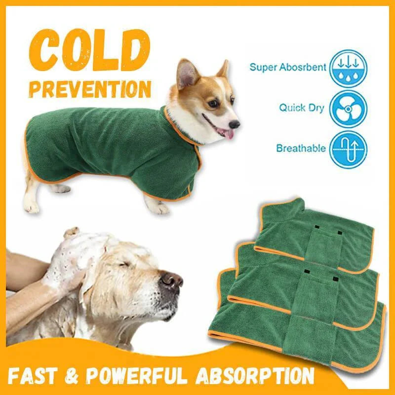 Absorbent dog bathrobe made of soft microfiber material with adjustable waist strap for a custom fit