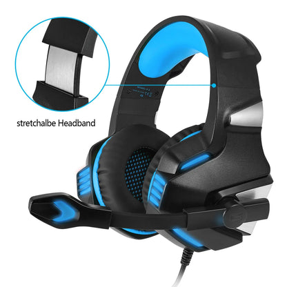 Inzhuo V3 wired over-ear gaming headset with 50mm speakers, 3.5mm plug, braided cable, black blue and black red colours