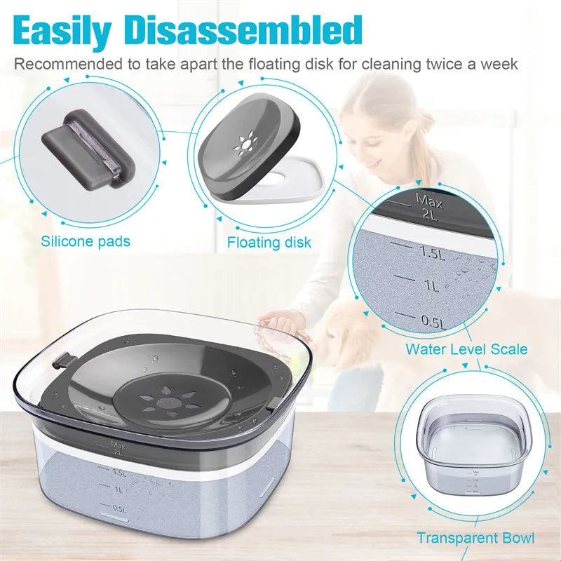 Transparent 2L dog water bowl with floating slow-feeding disk and non-slip base