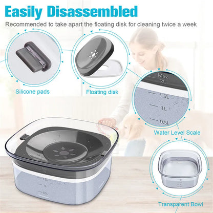 Transparent 2L dog water bowl with floating slow-feeding disk and non-slip base