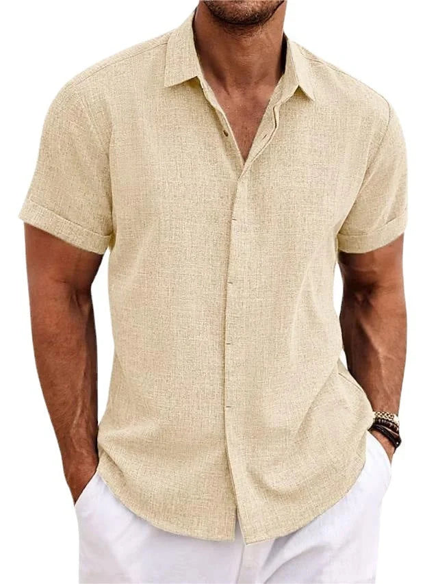 A versatile linen shirt in various colors, featuring a standing collar and short sleeves for a modern, tailored look.