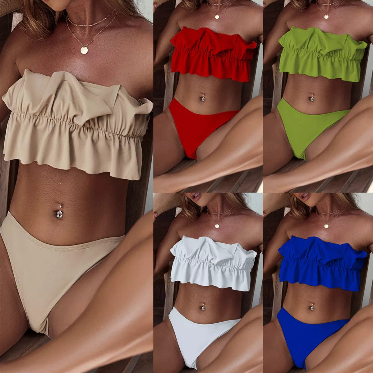 Ladies split swimsuit tube top bikini in nylon, available in white, beige, red, grass green, and royal blue.