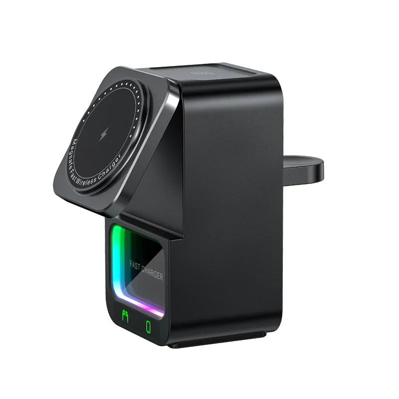 White and black Bluetooth speaker with 5-in-1 wireless charging station showing QC3.0 charging support
