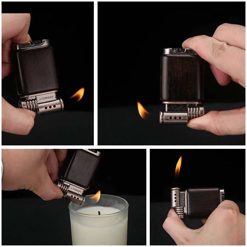 Ebony gas lighter with decorative rosewood and red wood carved panels