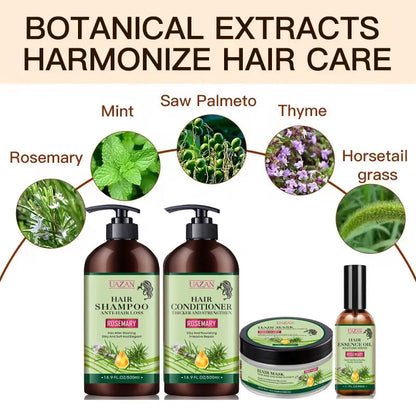 Rosemary shampoo and conditioner set with 500ml bottles, 250ml hair mask, and 50ml hair care oil