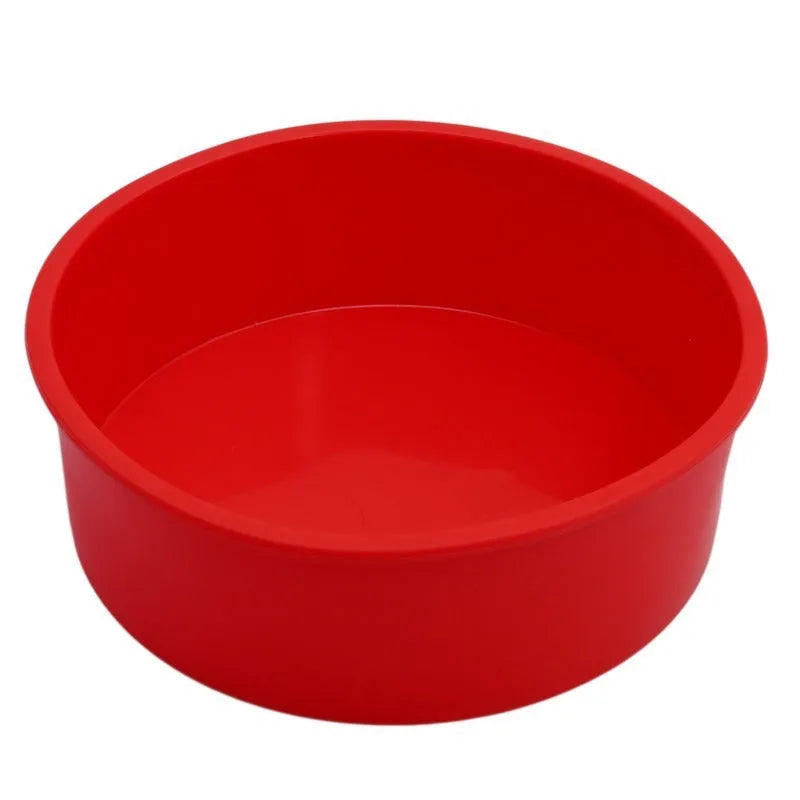 Red silicone round cake mould set showing 4-inch, 6-inch, and 8-inch sizes for baking
