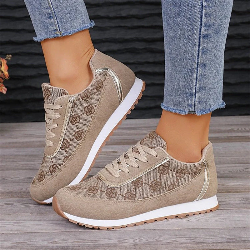 Women's flower print lace-up sneakers in grey and camel colors