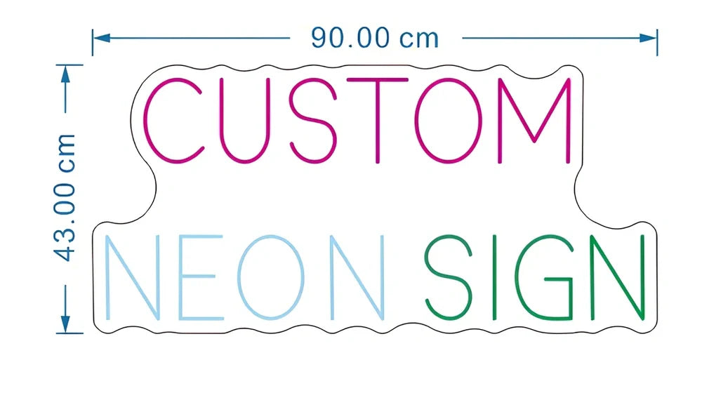 Custom neon letter sign with Alec shell material in 50cm to 90cm sizes showing 12V power system