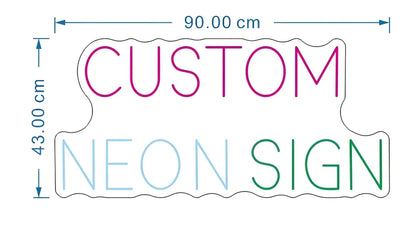 Custom neon letter sign with Alec shell material in 50cm to 90cm sizes showing 12V power system