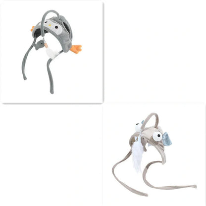 Adjustable head-wearing feather cat toy stick in various colors for indoor play