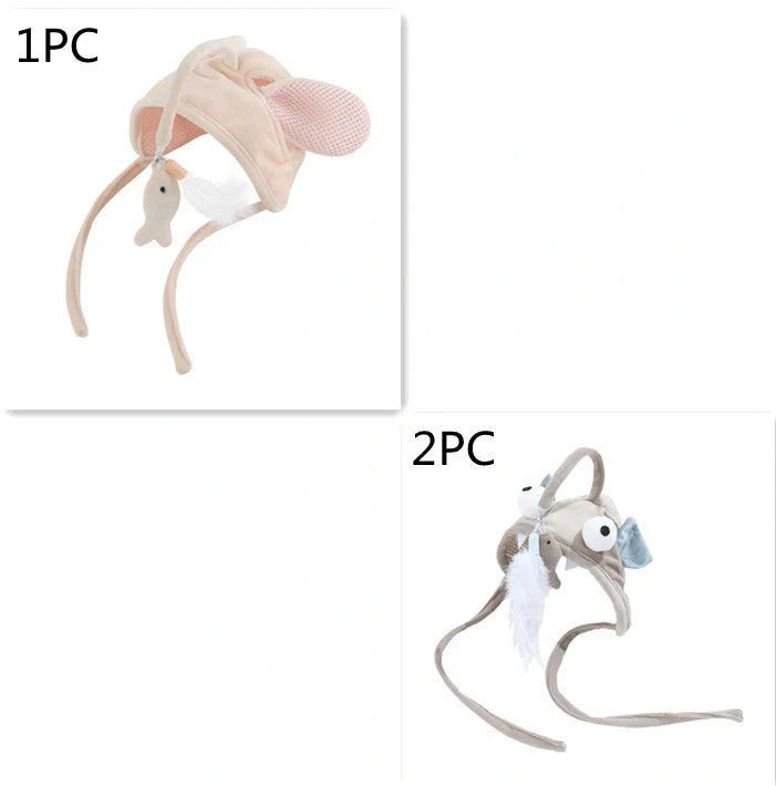 Adjustable head-wearing feather cat toy stick in various colors for indoor play