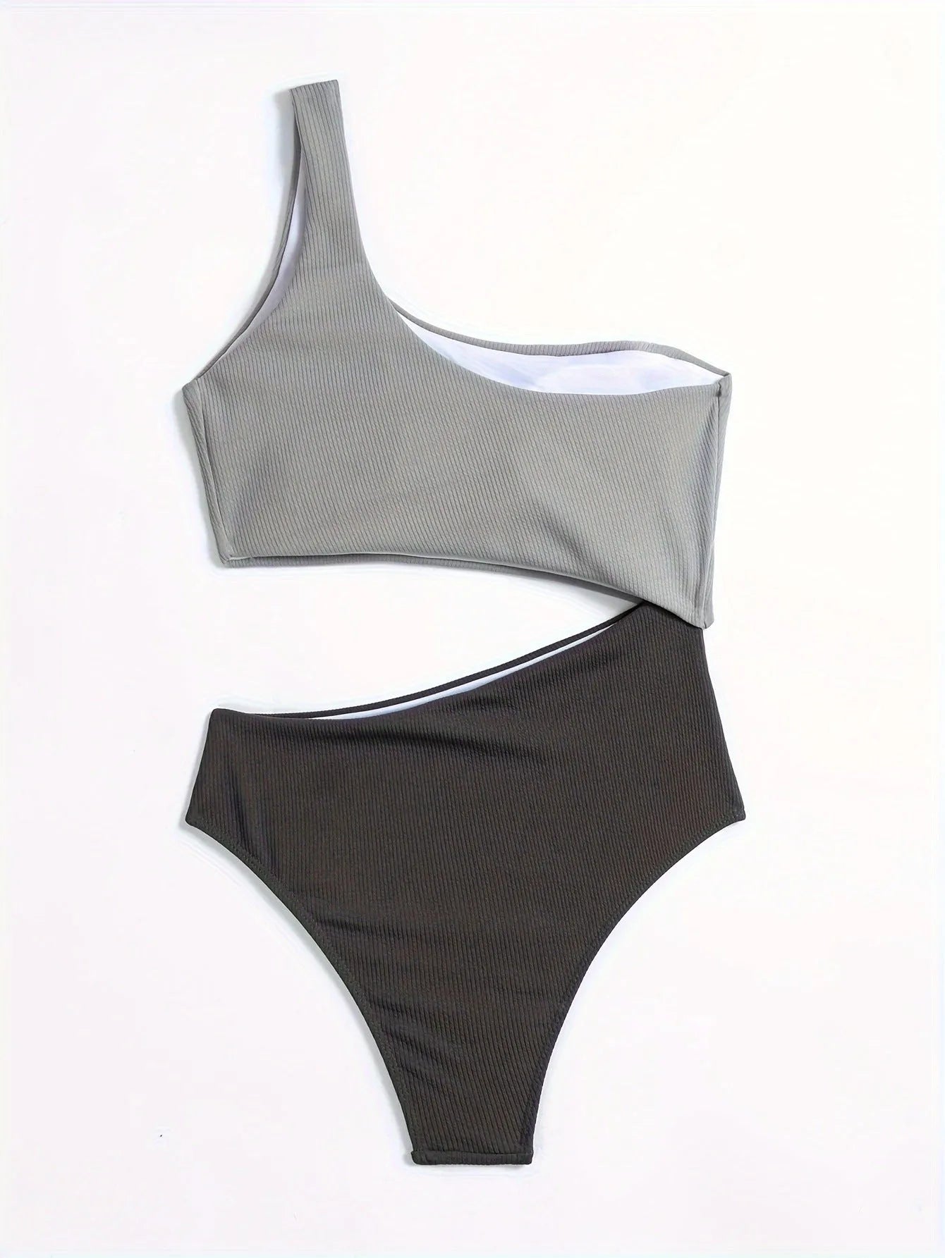 Women's light grey one-shoulder one-piece swimsuit made from polyester fabric.
