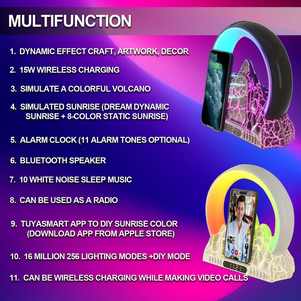 Colorful Flame Mountain wireless charging alarm clock showing 237mm width and charging surface