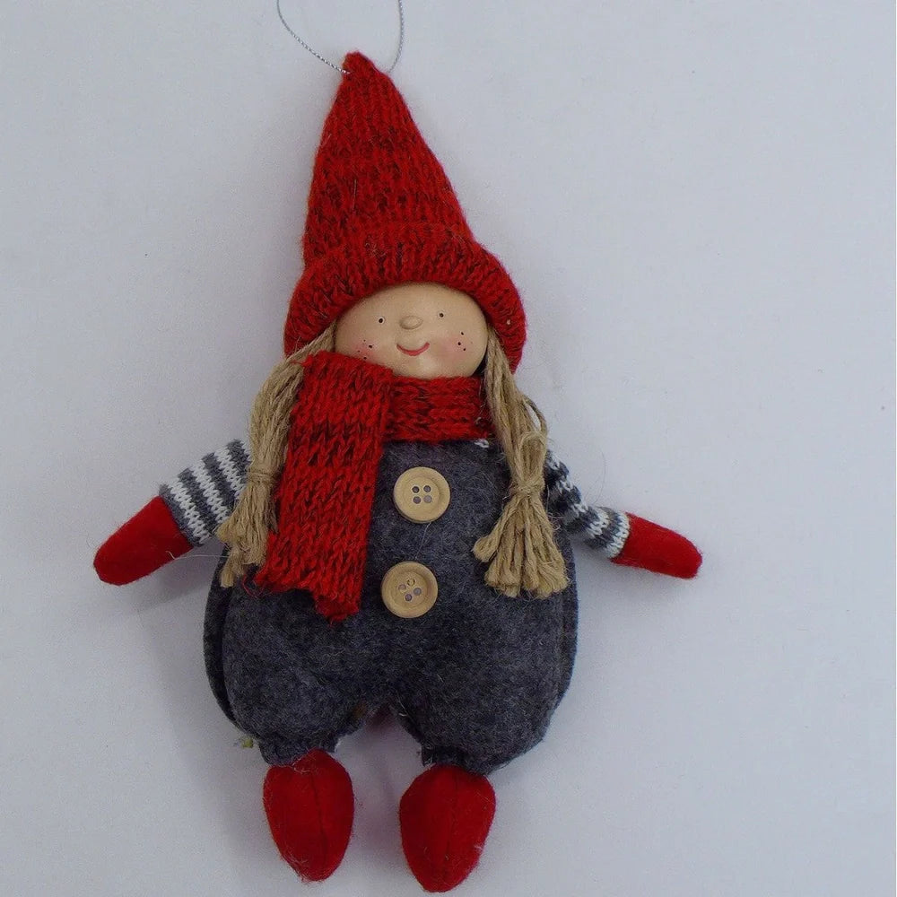 Christmas Easter fabric plush doll in dark brown with green clothing and red hat showing two size options