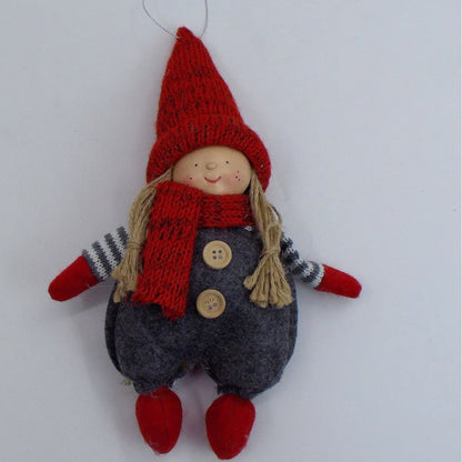 Christmas Easter fabric plush doll in dark brown with green clothing and red hat showing two size options