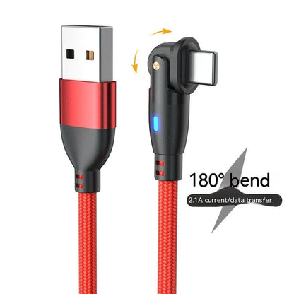 180-degree bendable fast charge USB cable in black, red, and purple
