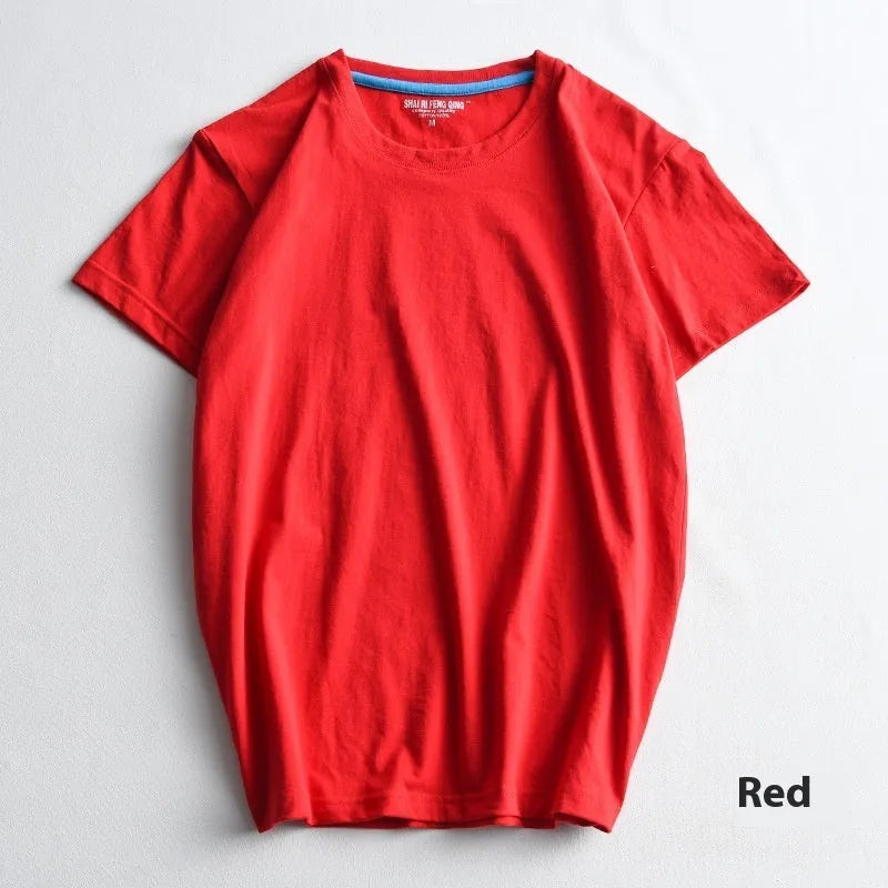 Men's solid colour cotton round neck T-shirt on a hanger, short sleeve casual style.