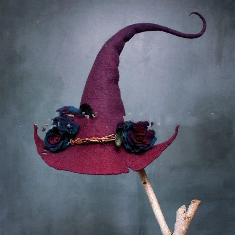 Handcrafted merino wool witch hat in various colors for Halloween and cosplay