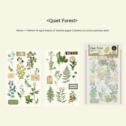 Forest label sticker material pack showing transfer paper and cotton linen sheets with nature designs in 85x180mm size