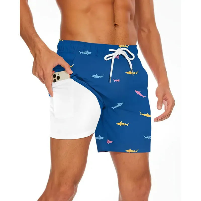 Men's loose fit polyester beach shorts in various colours showing size range up to 5XL