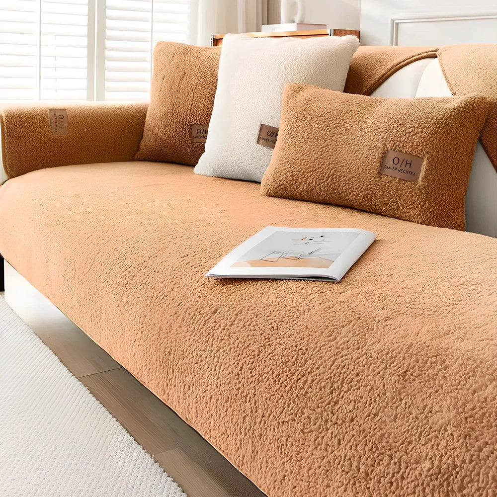 Winter lambswool sofa cushion with plush fabric in multiple solid colours and 90x210cm dimensions