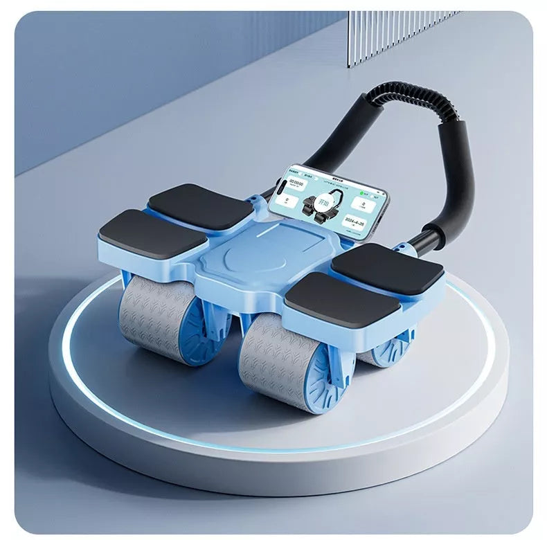Abdominal Wheel with Automatic Rebound and APP for fitness tracking, blue color, four wheels