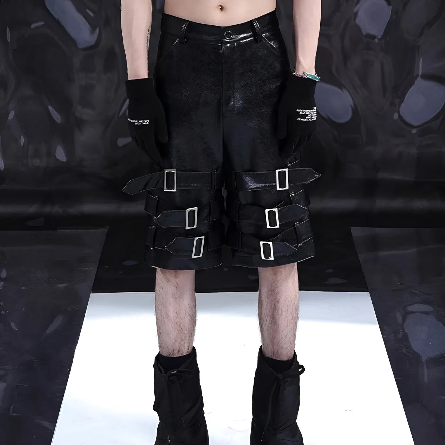 Men's black PU leather cropped pants with medium low waist, made from 100% polycarbaminate fibre, showing front view