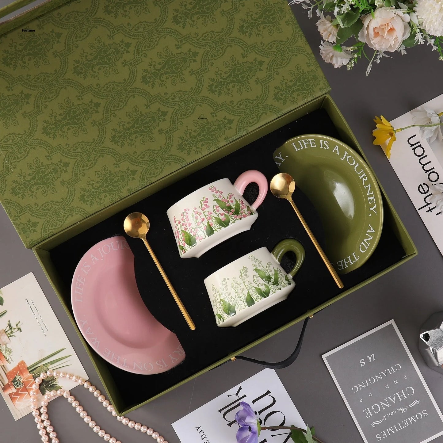Ceramic coffee cup and saucer set with 300ml capacity, includes two cups, two saucers, two spoons