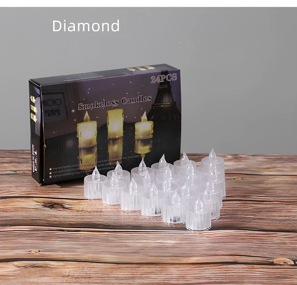 Electronic festival candles in diamond and gear designs, 3.6cm diameter with 5cm, 6.5cm, and 8cm height options