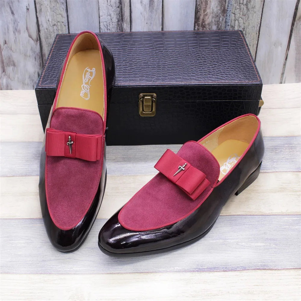 Men's low-top patent leather shoes with tassel detail in black, sizes 39-46, on a neutral background