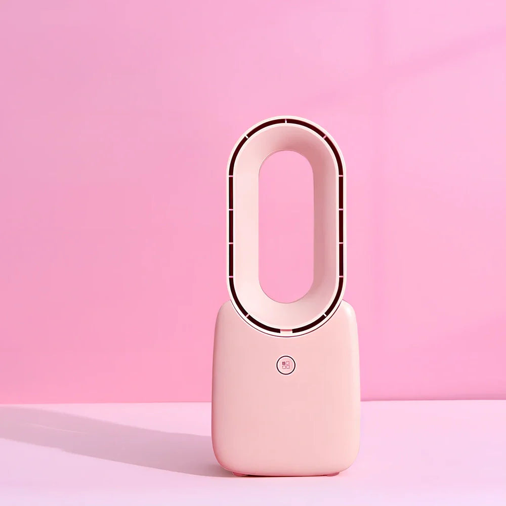 Pink USB charging bladeless desk fan, 119×128×304mm portable size with touch screen and 2200mAh battery for quiet office cooling