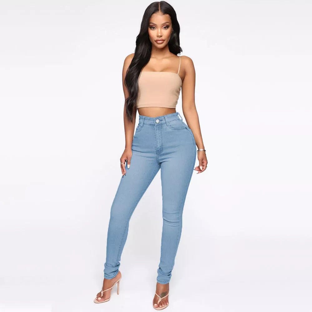 Women's high waist slimming jeans in black, gray, light blue, and dark blue with functional pockets