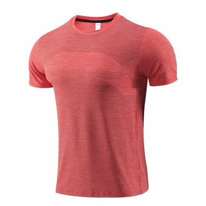 Red polyester-spandex short-sleeve sports t-shirt laid flat, designed for running and basketball workouts.